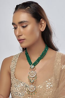 Gold Finish Semi-Precious Stone & Kundan Polki Long Necklace