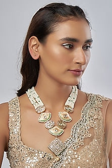 Gold Finish Pearl & Kundan Polki Meenakari Long Necklace