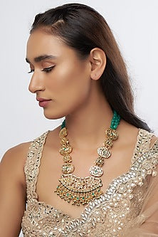 Gold Finish Pearl & Kundan Polki Meenakari Long Necklace
