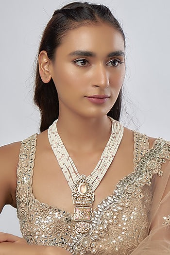 Gold Finish Pearl & Kundan Polki Meenakari Long Necklace