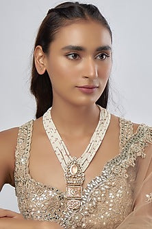 Gold Finish Pearl & Kundan Polki Meenakari Long Necklace