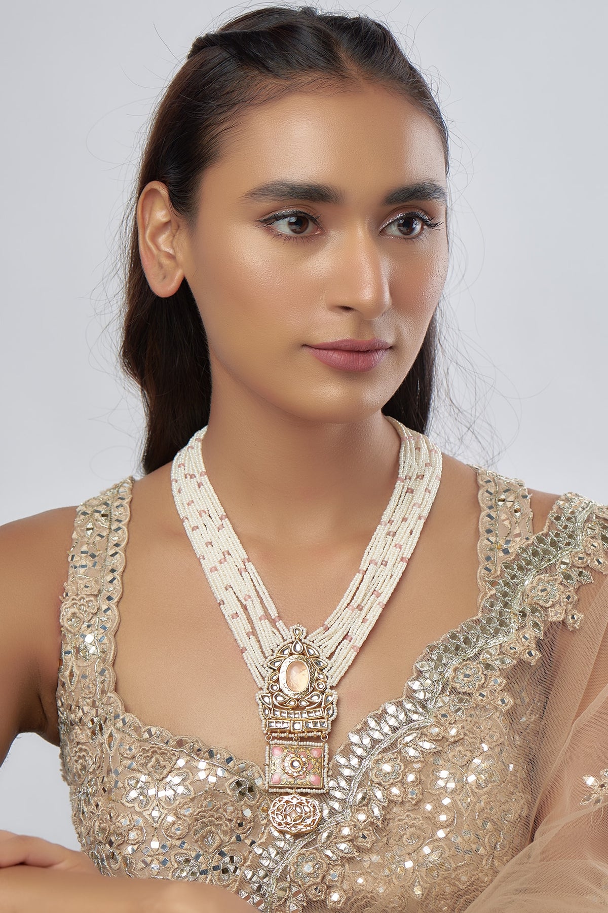 Gold Finish Pearl & Kundan Polki Meenakari Long Necklace