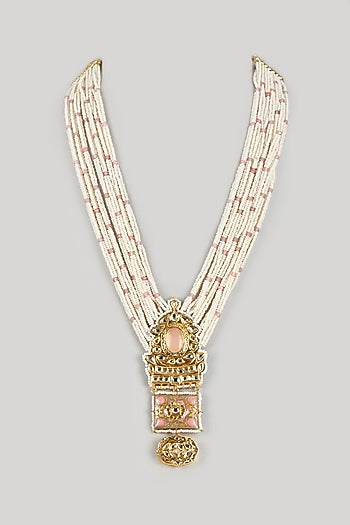 Gold Finish Pearl & Kundan Polki Meenakari Long Necklace