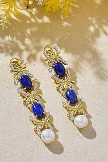 Gold Plated Lapiz Lazuli & Pearl Dangler Earrings In Sterling Silver