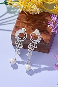 White Gold Finish Grey Moonstone & Zirconia Dangler Earrings In Sterling Silver
