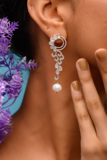 White Gold Finish Grey Moonstone & Zirconia Dangler Earrings In Sterling Silver