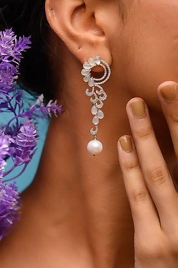 White Gold Finish Grey Moonstone & Zirconia Dangler Earrings In Sterling Silver