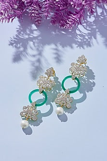 White Gold Finish Green Onyx & Zirconia Diamond Dangler Earrings In Sterling Silver