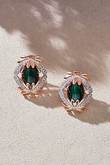 Rose Gold Finish Malachite & Zirconia Stud Earrings In Sterling Silver