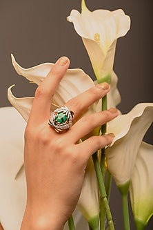 Rose Gold Finish Malachite & Zirconia Ring In Sterling Silver