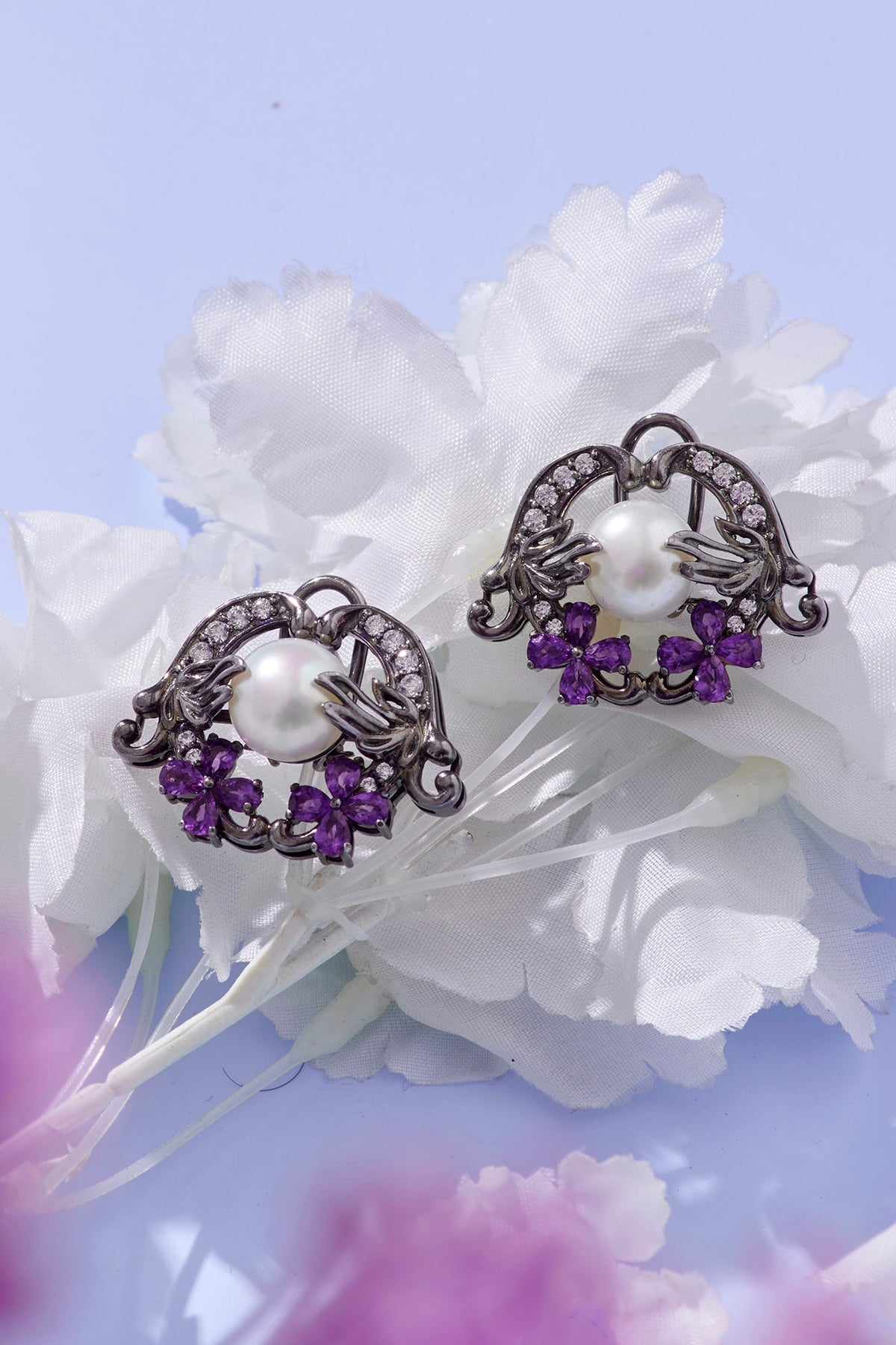 Gunmetal Finish Amethyst & Pearl Stud Earrings In Sterling Silver