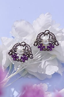 Gunmetal Finish Amethyst & Pearl Stud Earrings In Sterling Silver