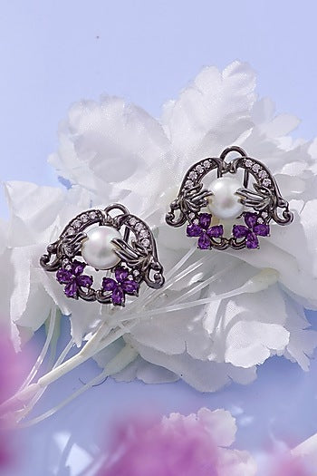 Gunmetal Finish Amethyst & Pearl Stud Earrings In Sterling Silver