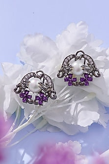 Gunmetal Finish Amethyst & Pearl Stud Earrings In Sterling Silver