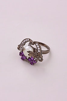 Gunmetal Finish Amethyst & Pearl Ring In Sterling Silver