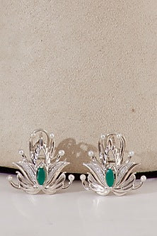 White Gold Finish Green Onyx & Pearl Stud Earrings In Sterling Silver