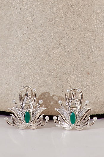 White Gold Finish Green Onyx & Pearl Stud Earrings In Sterling Silver