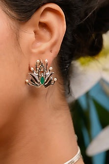 White Gold Finish Green Onyx & Pearl Stud Earrings In Sterling Silver