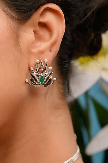 White Gold Finish Green Onyx & Pearl Stud Earrings In Sterling Silver