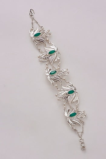 White Gold Finish Green Onyx & Pearl Bracelet In Sterling Silver