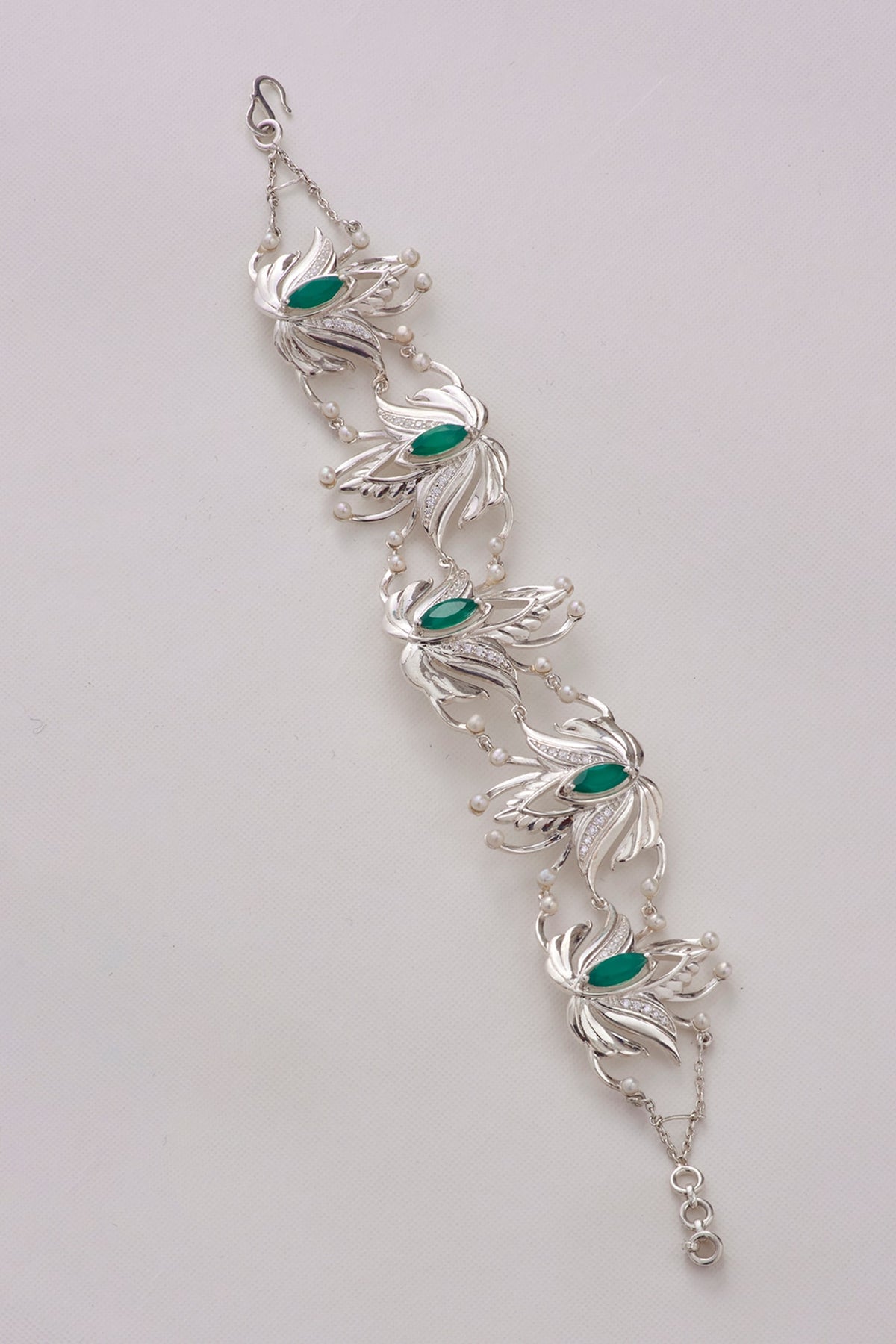 White Gold Finish Green Onyx & Pearl Bracelet In Sterling Silver