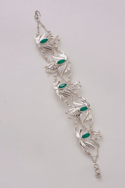 White Gold Finish Green Onyx & Pearl Bracelet In Sterling Silver