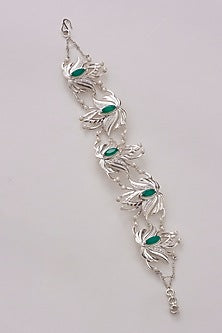 White Gold Finish Green Onyx & Pearl Bracelet In Sterling Silver