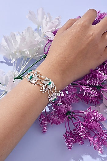 White Gold Finish Green Onyx & Pearl Bracelet In Sterling Silver