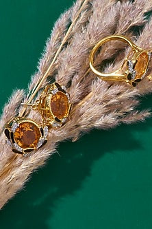 Gold Plated Citrine & Zirconia Stud Earrings In Sterling Silver