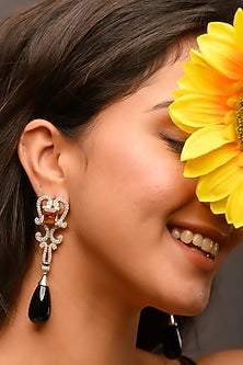 White Gold Finish Black Onyx & Citrine Dangler Earrings In Sterling Silver