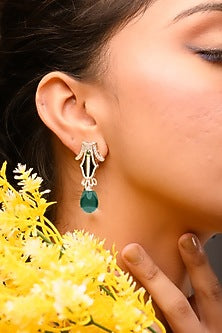 White Gold Finish Green Onyx Enameled Dangler Earrings In Sterling Silver