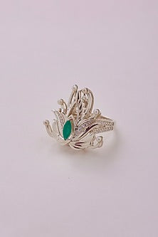 White Gold Finish Green Onyx Ring Convertible Pendant In Sterling Silver