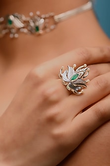 White Gold Finish Green Onyx Ring Convertible Pendant In Sterling Silver