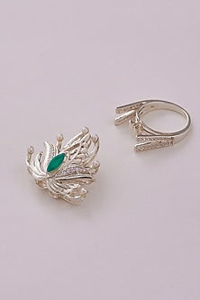 White Gold Finish Green Onyx Ring Convertible Pendant In Sterling Silver