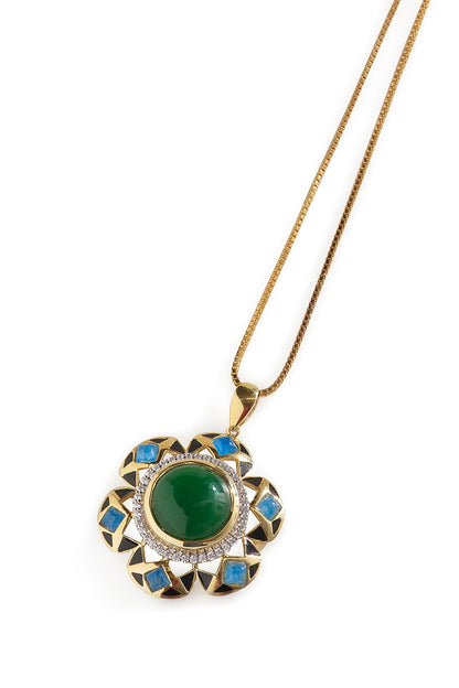 Gold Finish Green & Blue Gemstone Necklace In Sterling Silver