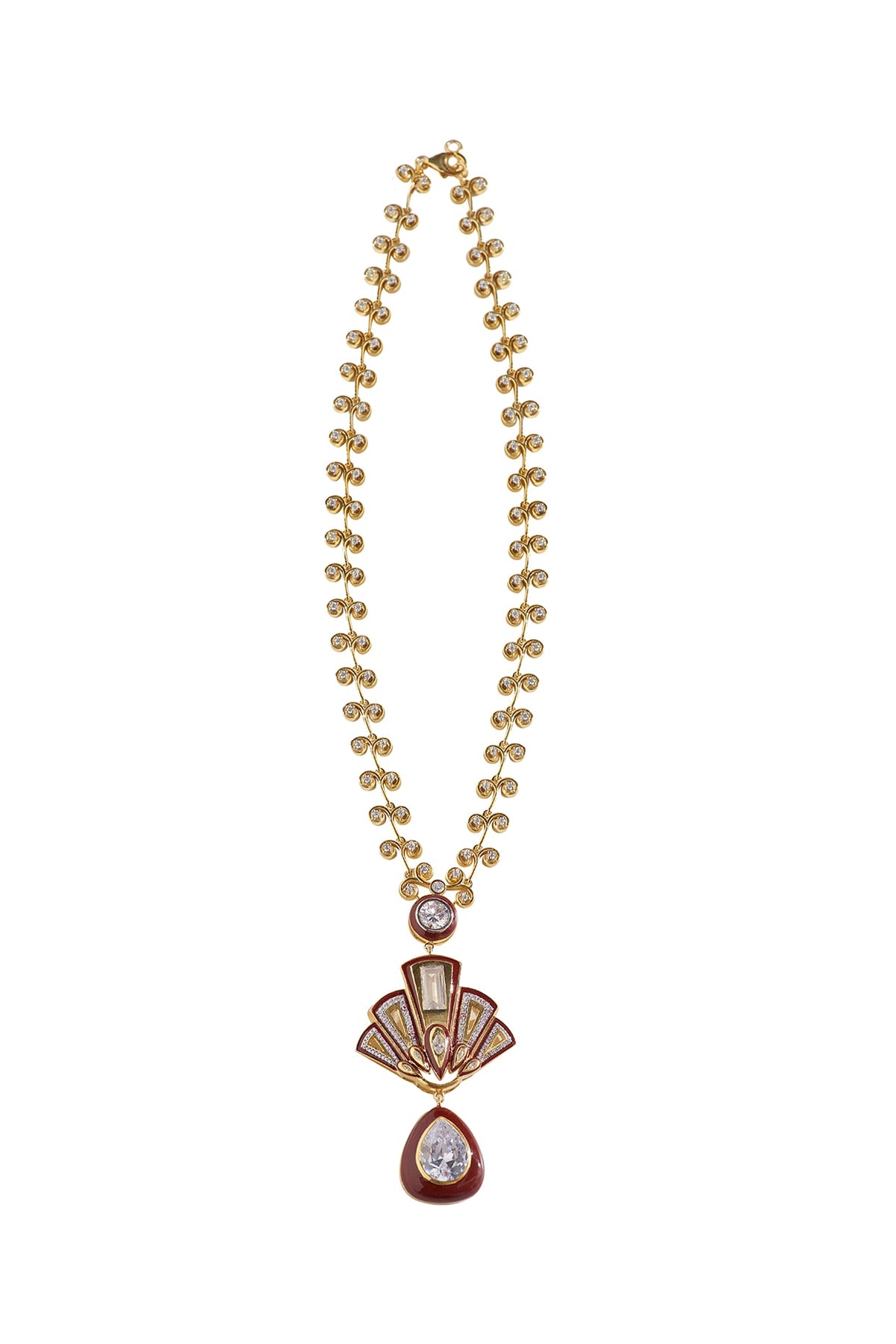 Gold Finish Zircon Enameled Long Necklace In Sterling Silver