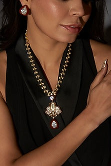 Gold Finish Zircon Enameled Long Necklace In Sterling Silver