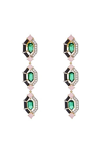 Two-Tone Finish Green & Pink Stone Dangler Earrings In Sterling silver