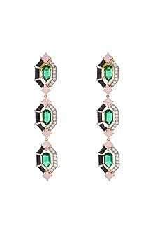 Two-Tone Finish Green & Pink Stone Dangler Earrings In Sterling silver