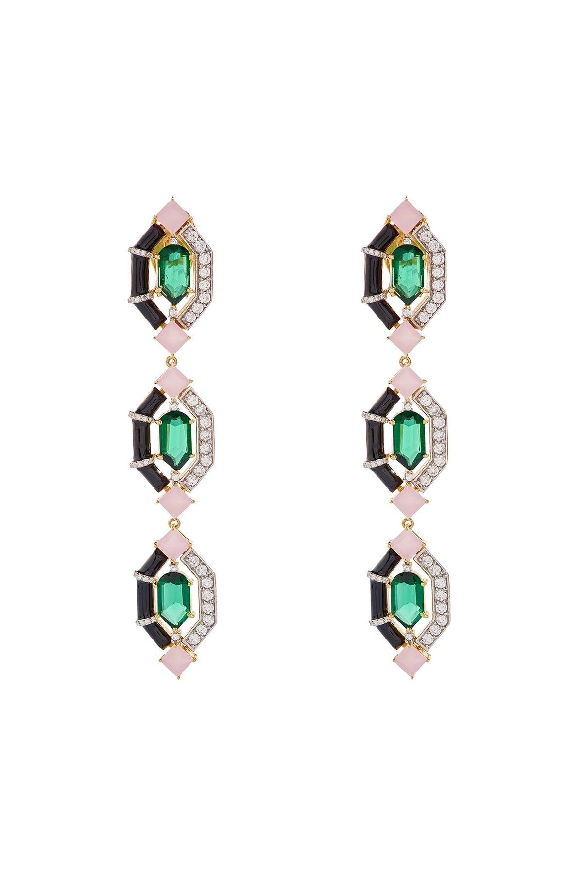 Two-Tone Finish Green & Pink Stone Dangler Earrings In Sterling silver
