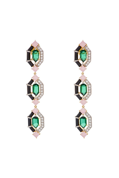 Two-Tone Finish Green & Pink Stone Dangler Earrings In Sterling silver