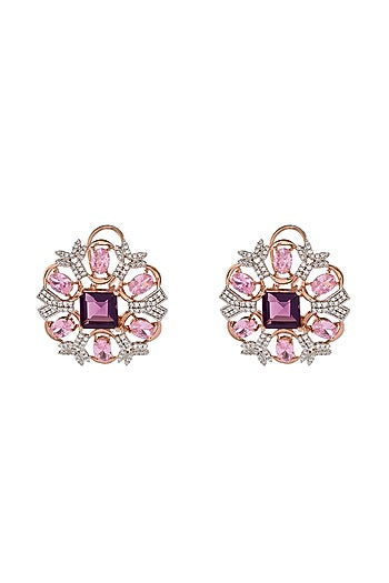 Rose Gold Finish CZ Diamond & Amethyst Stone Stud Earrings In Sterling Silver