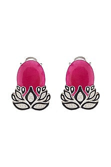 White Finish Pink Quartz & CZ Diamond Enameled Stud In Sterling Silver