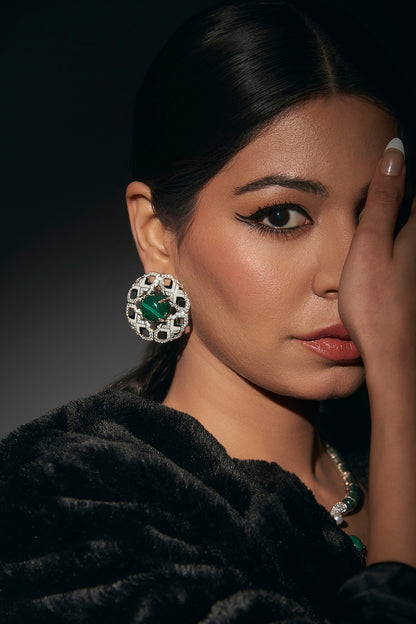 White Finish Malachite Stone & CZ Diamond Stud Earrings In Sterling Silver