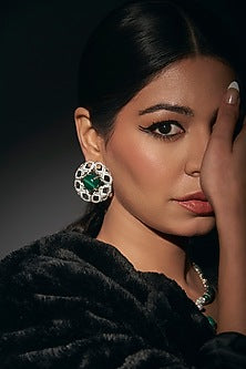 White Finish Malachite Stone & CZ Diamond Stud Earrings In Sterling Silver