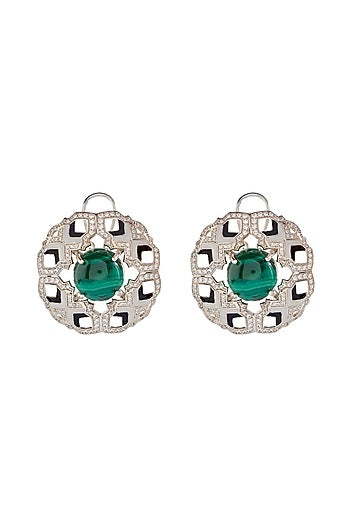 White Finish Malachite Stone & CZ Diamond Stud Earrings In Sterling Silver