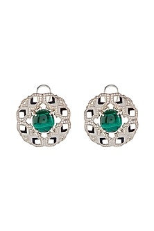 White Finish Malachite Stone & CZ Diamond Stud Earrings In Sterling Silver