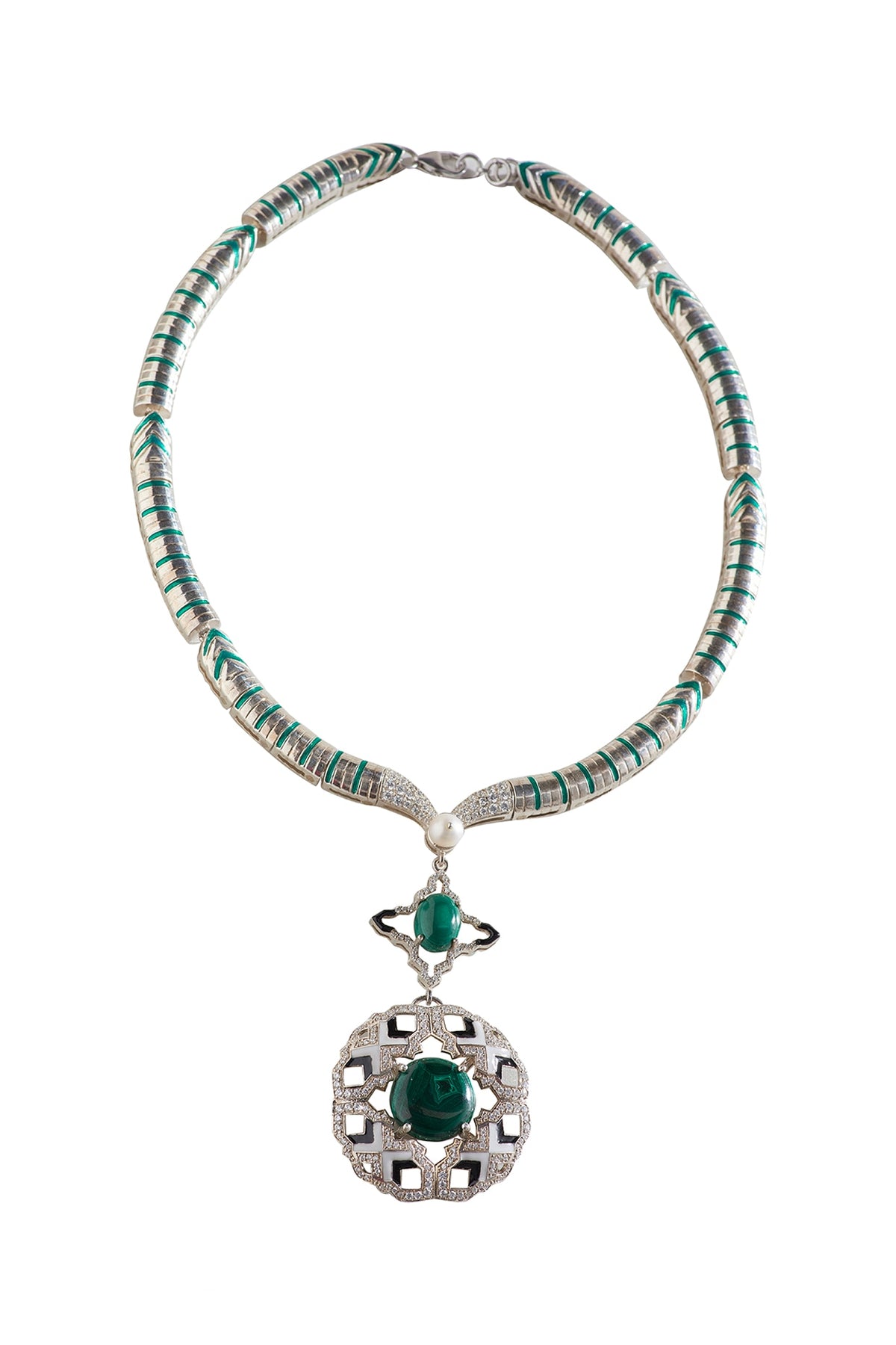 White Finish Malachite Stone & CZ Diamond Enameled Necklace In Sterling Silver