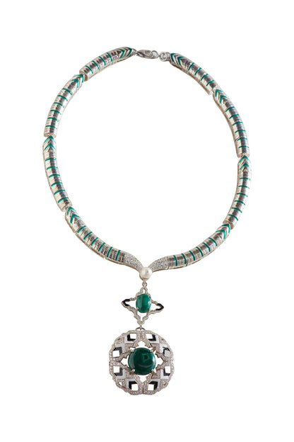 White Finish Malachite Stone & CZ Diamond Enameled Necklace In Sterling Silver