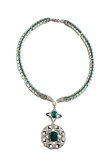 White Finish Malachite Stone & CZ Diamond Enameled Necklace In Sterling Silver